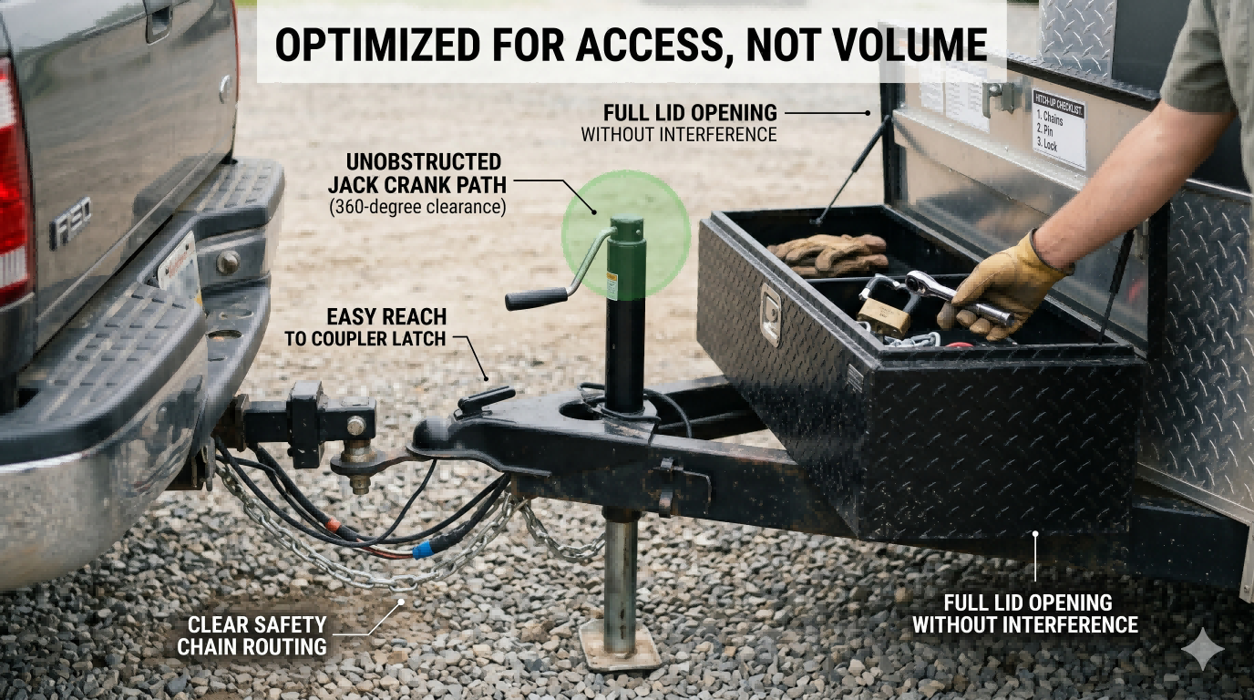 Optimized trailer front-end layout showing unobstructed jack crank path, clear coupler access, full lid opening, and clean safety-chain routing